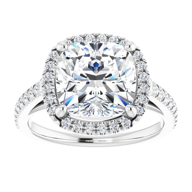 14K white gold 4 CT Cushion Diamond French-Set Engagement Ring