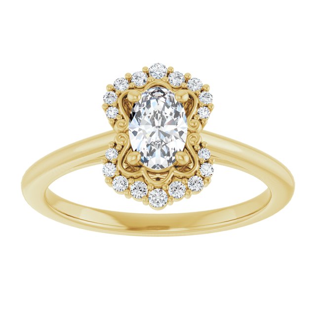 14K yellow gold 1/2 CT Oval Scalloped Halo Diamond Engagement Ring