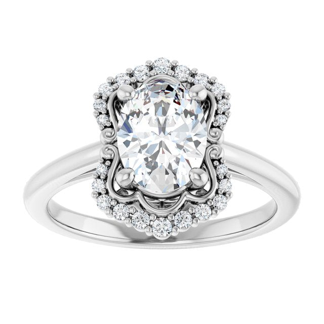 14K white gold 2 CT Oval Scalloped Halo Diamond Engagement Ring