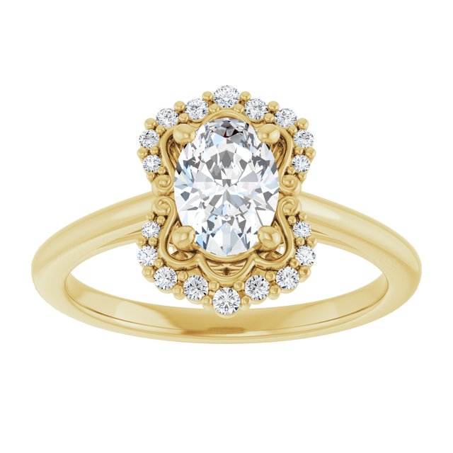 14K yellow gold 1 CT Oval Scalloped Halo Diamond Engagement Ring