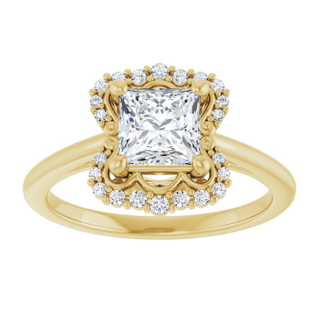 14K yellow gold 1 CT Square Scalloped Halo Diamond Engagement Ring