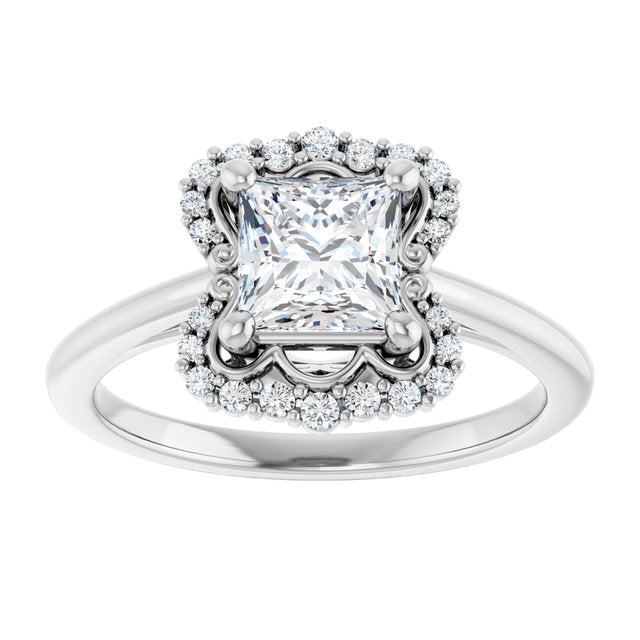 14K white gold 1 CT Square Scalloped Halo Diamond Engagement Ring