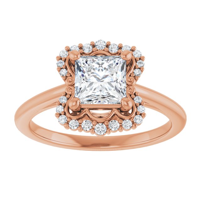 14K rose gold 1 CT Square Scalloped Halo Diamond Engagement Ring