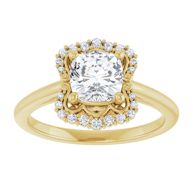 14K yellow gold 1 CT Cushion Scalloped Halo Diamond Engagement Ring