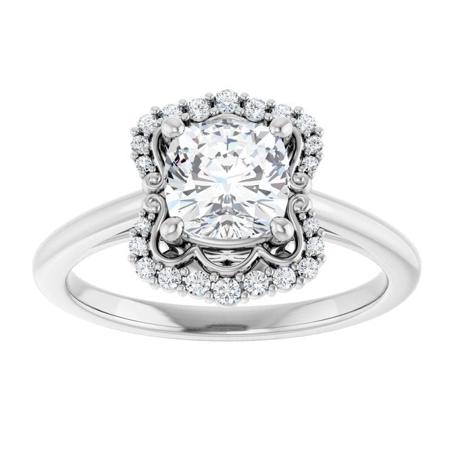 14K white gold 1 CT Cushion Scalloped Halo Diamond Engagement Ring