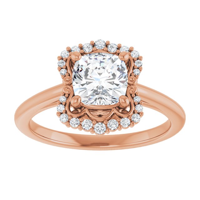 14K rose gold 1 CT Cushion Scalloped Halo Diamond Engagement Ring