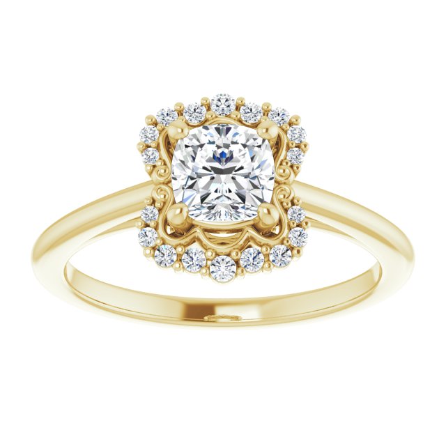 14K yellow gold 1/2 CT Cushion Scalloped Halo Diamond Engagement Ring