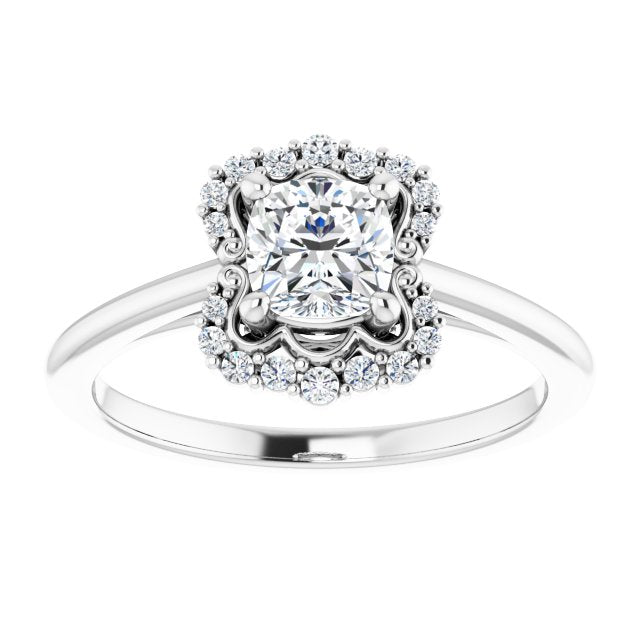 14K white gold 1/2 CT Cushion Scalloped Halo Diamond Engagement Ring