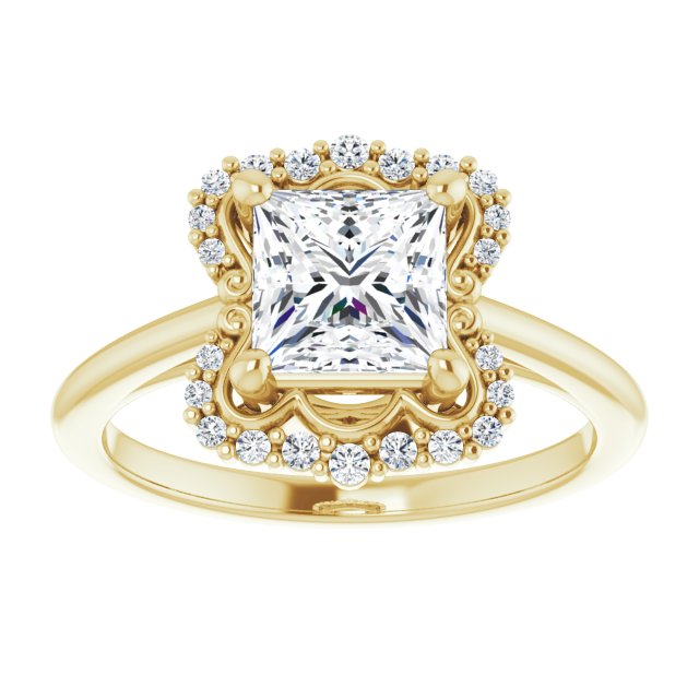 14K yellow gold 2 CT Square Scalloped Halo Diamond Engagement Ring