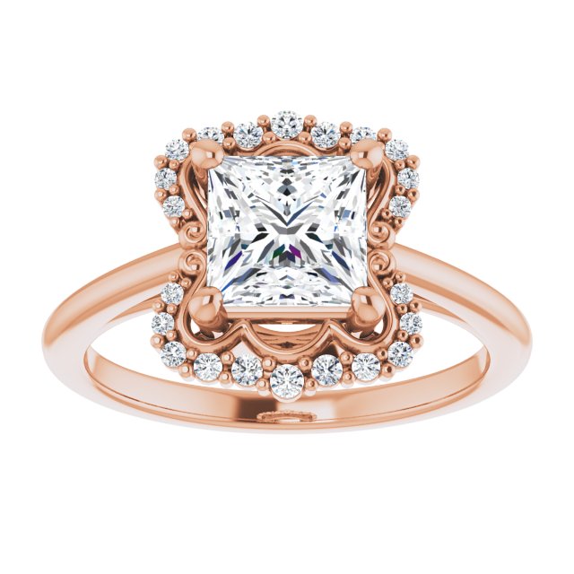 14K rose gold 2 CT Square Scalloped Halo Diamond Engagement Ring