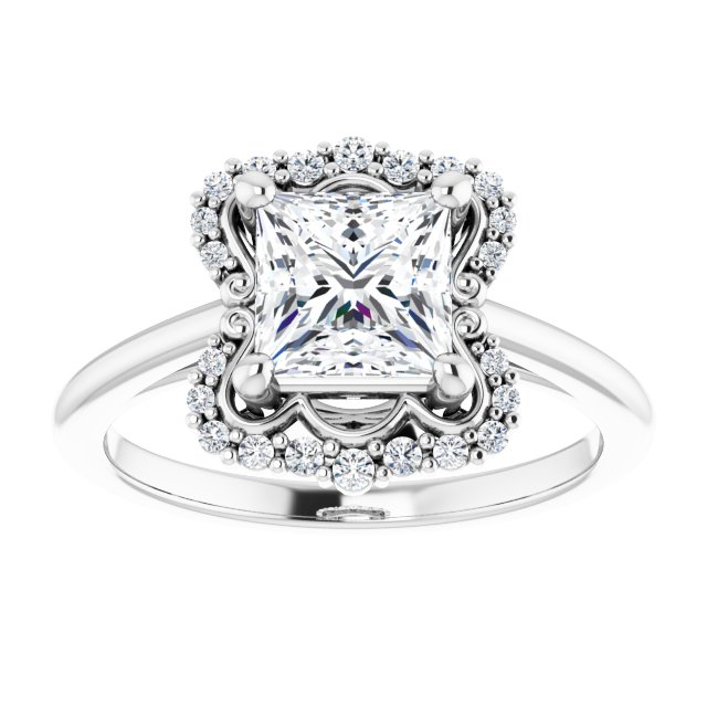 14K white gold 2 CT Square Scalloped Halo Diamond Engagement Ring