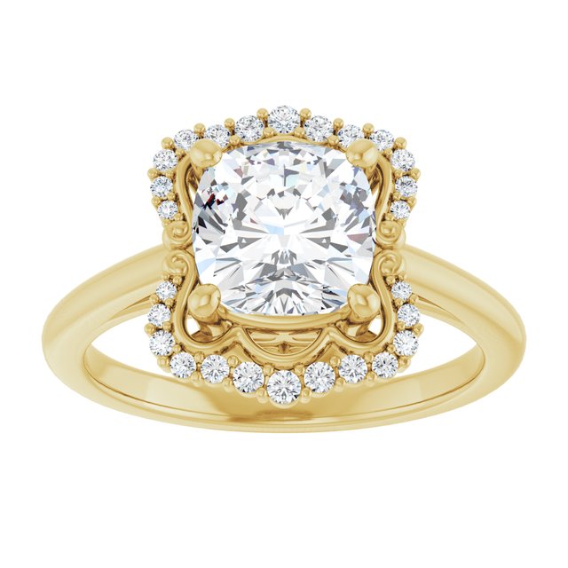 14K yellow gold 2 CT Cushion Scalloped Halo Diamond Engagement Ring