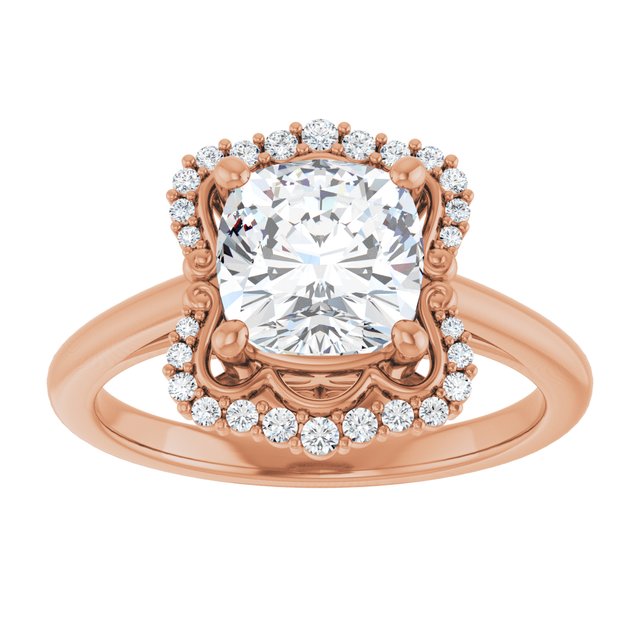 14K rose gold 2 CT Cushion Scalloped Halo Diamond Engagement Ring