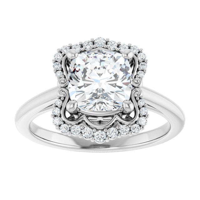 14K white gold 2 CT Cushion Scalloped Halo Diamond Engagement Ring