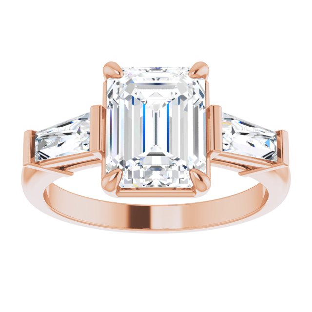 14K rose gold 2 CT Emerald Three-Stone Setting with Baguette-Cut Side Stones