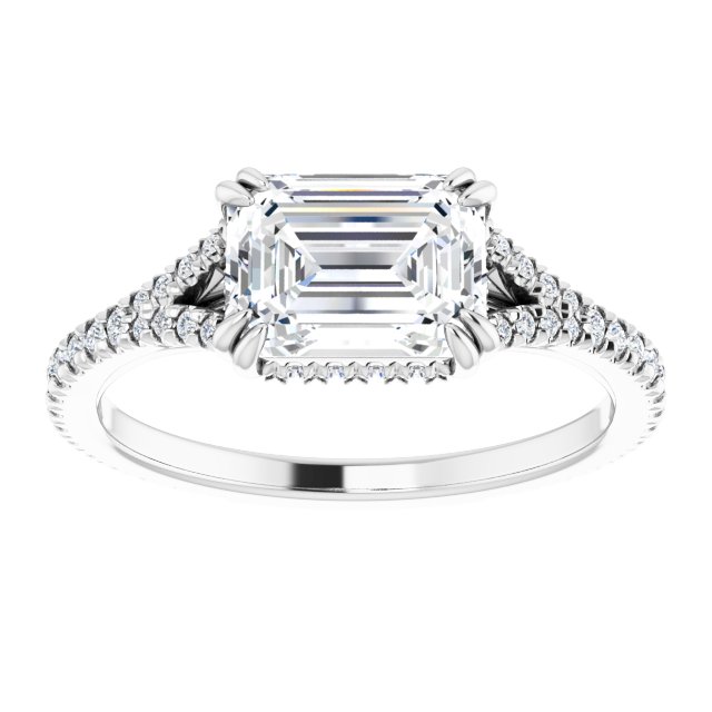 14K white gold 1.75 CT Emerald-Cut French-Set East-West Lab Diamond Halo Engagement Ring Setting