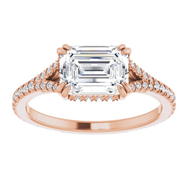 14K rose gold 1.75 CT Emerald-Cut French-Set East-West Lab Diamond Halo Engagement Ring Setting