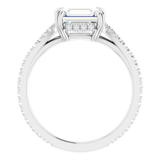 14K white gold 1.75 CT Emerald-Cut French-Set East-West Diamond Halo Engagement Ring Setting