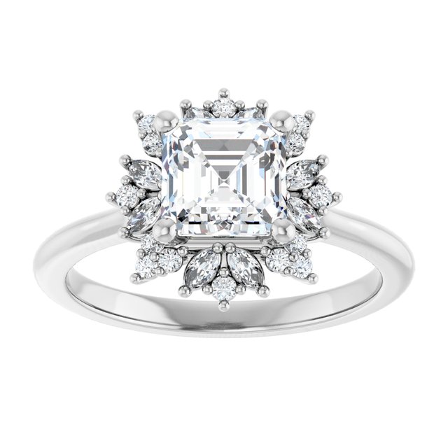 14K white gold 1 CT Asscher-cut Diamond Floral Halo Diamond Engagement Ring Setting