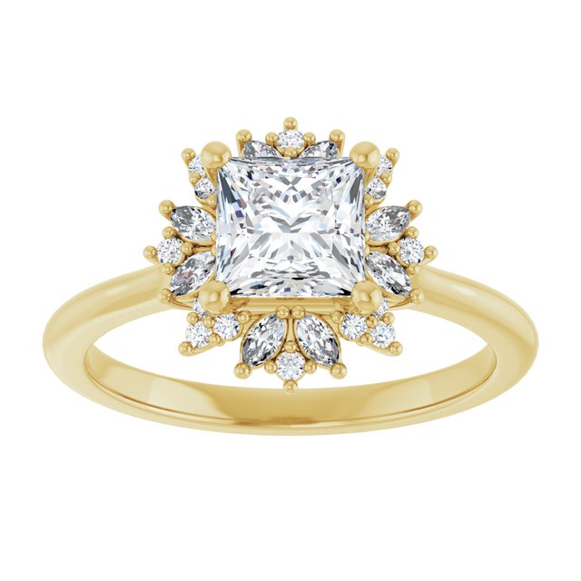 14K yellow gold 1 CT Square-cut Diamond Floral Halo Diamond Engagement Ring Setting