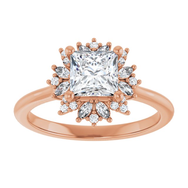 14K rose gold 1 CT Square-cut Diamond Floral Halo Diamond Engagement Ring Setting