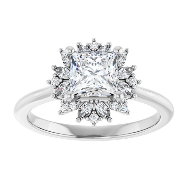 14K white gold 1 CT Square-cut Diamond Floral Halo Diamond Engagement Ring Setting