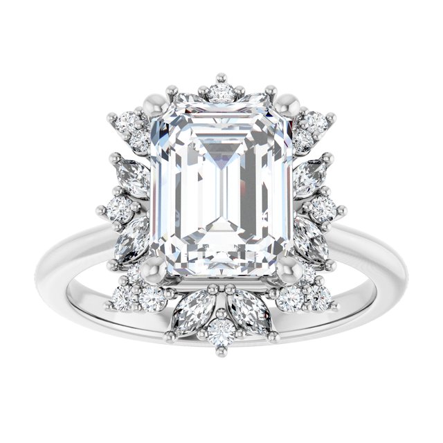 14K white gold 2 CT Emerald-cut Diamond Floral Halo Diamond Engagement Ring Setting