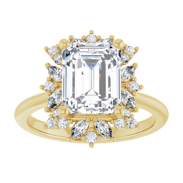 14K yellow gold 2 CT Emerald-cut Diamond Floral Halo Diamond Engagement Ring Setting