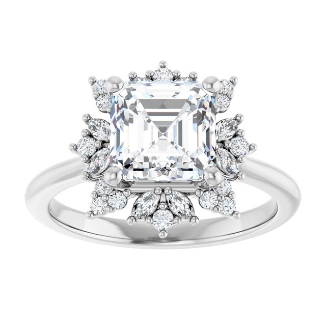 14K white gold 2 CT Asscher-cut Diamond Floral Halo Diamond Engagement Ring Setting