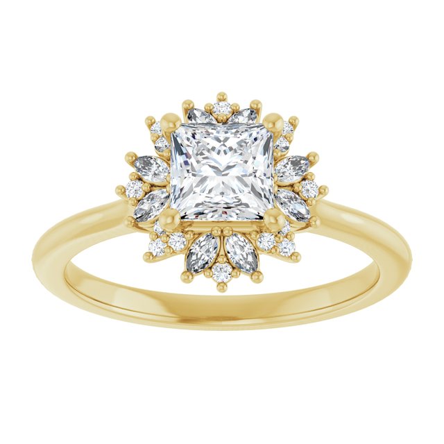 14K yellow gold 1/2 CT Square-cut Diamond Floral Halo Diamond Engagement Ring Setting