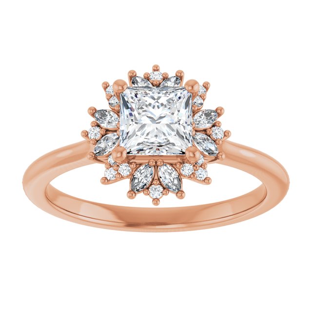 14K rose gold 1/2 CT Square-cut Diamond Floral Halo Diamond Engagement Ring Setting