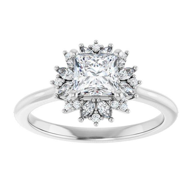 14K white gold 1/2 CT Square-cut Diamond Floral Halo Diamond Engagement Ring Setting