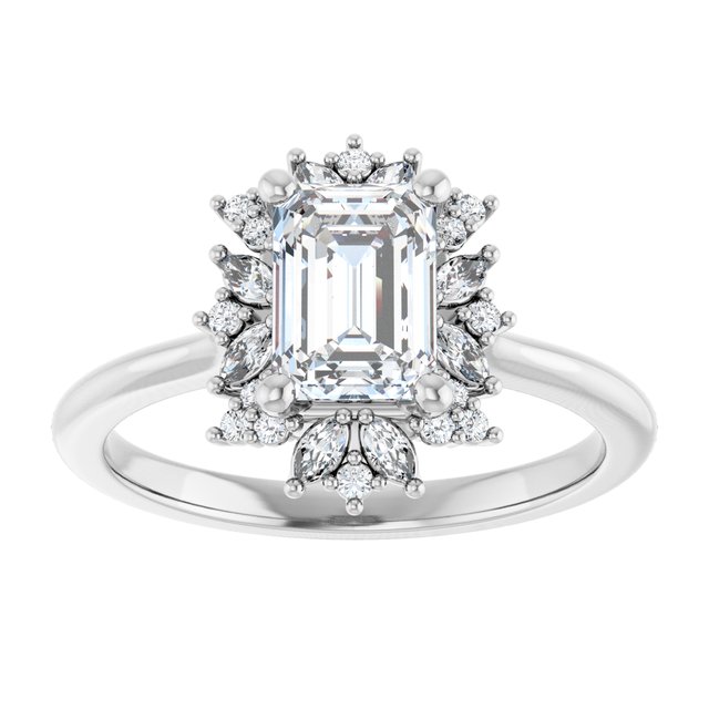 14K white gold 1/2 CT Emerald-cut Diamond Floral Halo Diamond Engagement Ring Setting