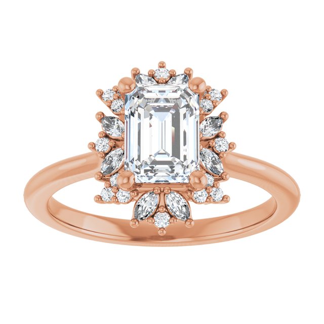 14K rose gold 1/2 CT Emerald-cut Diamond Floral Halo Diamond Engagement Ring Setting