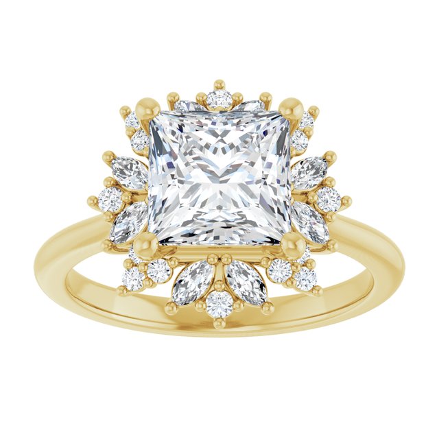 14K yellow gold 2 CT Square-cut Diamond Floral Halo Diamond Engagement Ring Setting