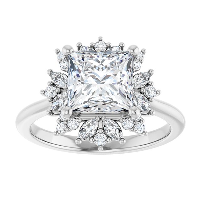 14K white gold 2 CT Square-cut Diamond Floral Halo Diamond Engagement Ring Setting