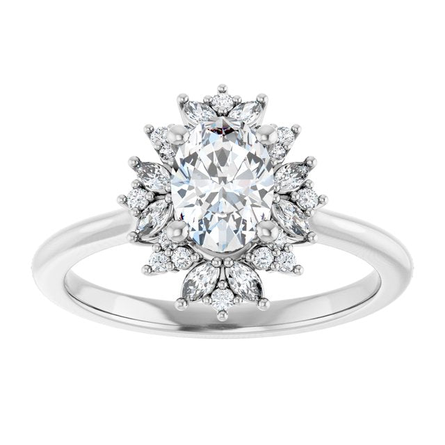 14K white gold 1/2 CT Oval-cut Diamond Floral Halo Diamond Engagement Ring Setting