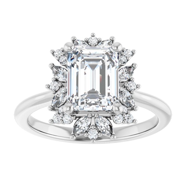 14K white gold 1 CT Emerald-cut Diamond Floral Halo Diamond Engagement Ring Setting