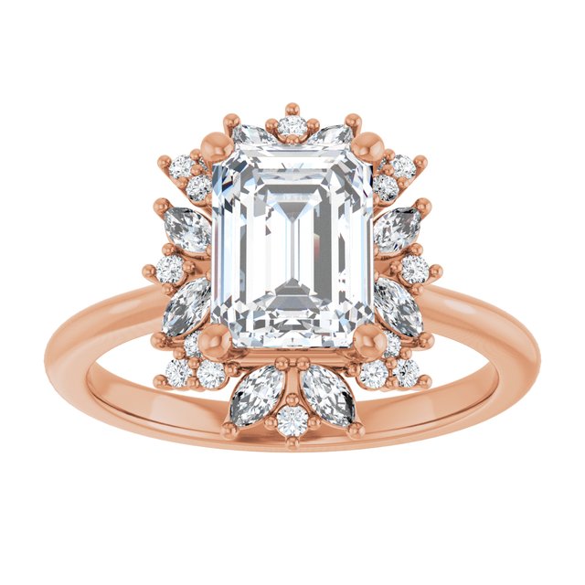 14K rose gold 1 CT Emerald-cut Diamond Floral Halo Diamond Engagement Ring Setting