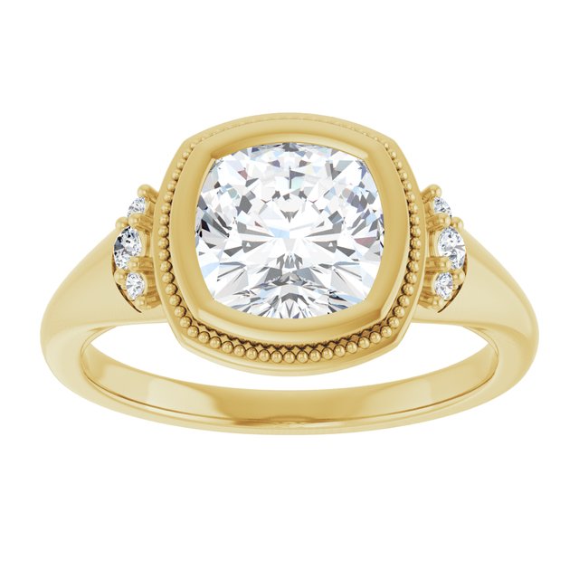 14K yellow gold 2 CT Cushion Diamond Milgrain Bezel-Set Diamond Engagement Ring Setting