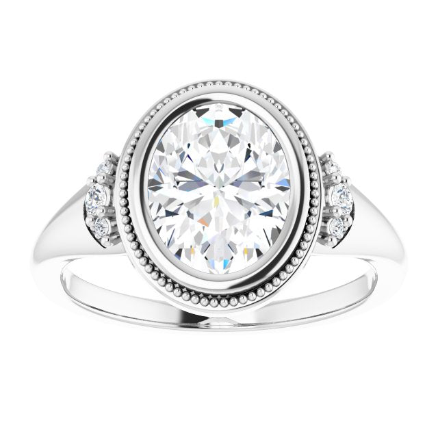 14K white gold 2 CT Oval Diamond Milgrain Bezel-Set Diamond Engagement Ring Setting