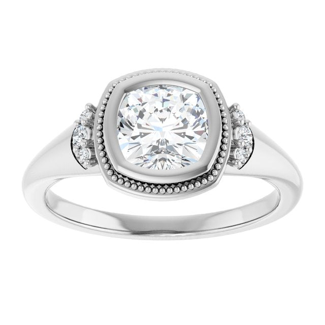 14K white gold 1 CT Cushion Diamond Milgrain Bezel-Set Diamond Engagement Ring Setting