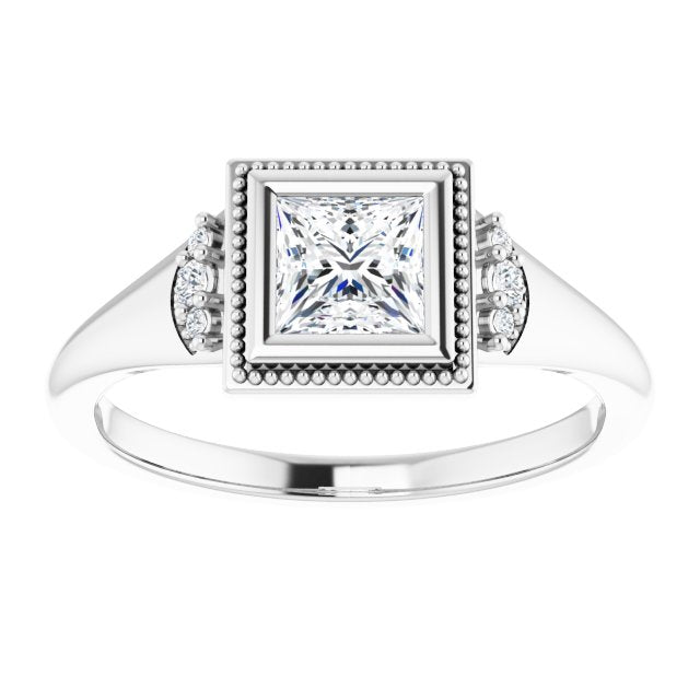 14K white gold 1/2 CT Square Diamond Milgrain Bezel-Set Diamond Engagement Ring Setting