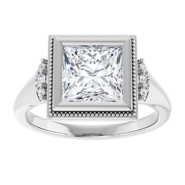 14K white gold 2 CT Square Diamond Milgrain Bezel-Set Diamond Engagement Ring Setting