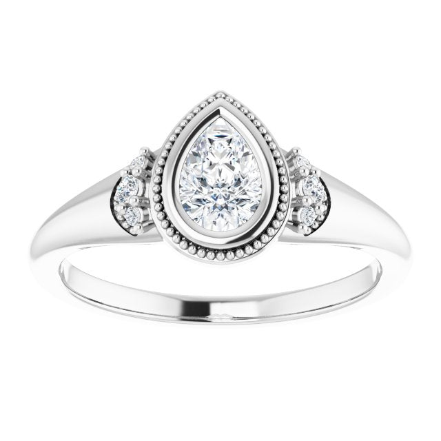 14K white gold 1/2 CT Pear Diamond Milgrain Bezel-Set Diamond Engagement Ring Setting