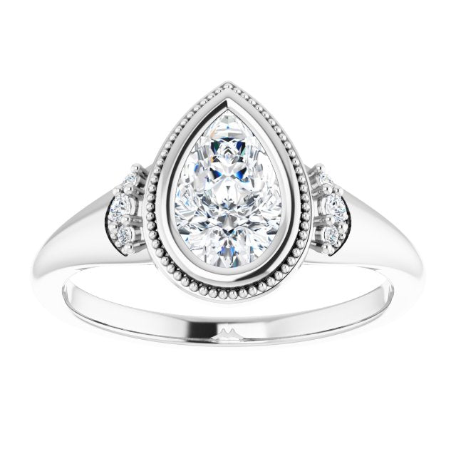 14K white gold 1 CT Pear Diamond Milgrain Bezel-Set Diamond Engagement Ring Setting