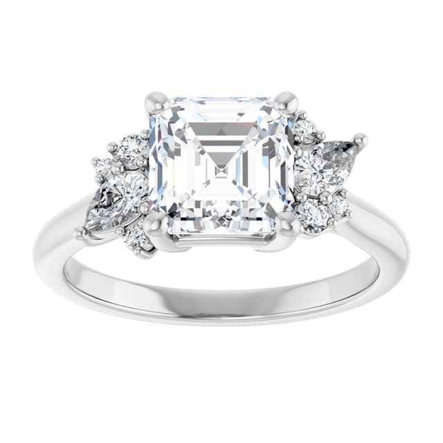 14K white gold Asscher-cut Diamond Cluster Engagement Ring Setting