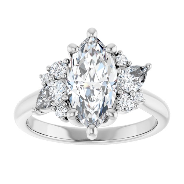 14K white gold Marquise-cut Diamond Cluster Engagement Ring Setting